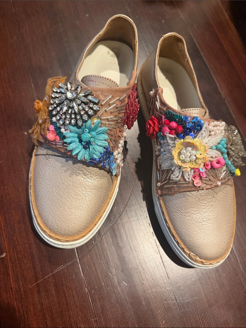 Marina Rinaldi, Embellished Floral Slip-On Sneakers in Metallic Taupe beaded, 37